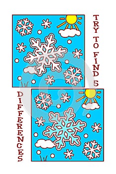Find differences visual puzzle or picture riddle with winter snowflakes. photo